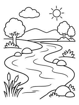 Free printable Sunny Winding River Landscape coloring page
