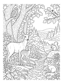 Deer and woodland animals gather by a trail in this ecosystem coloring page.