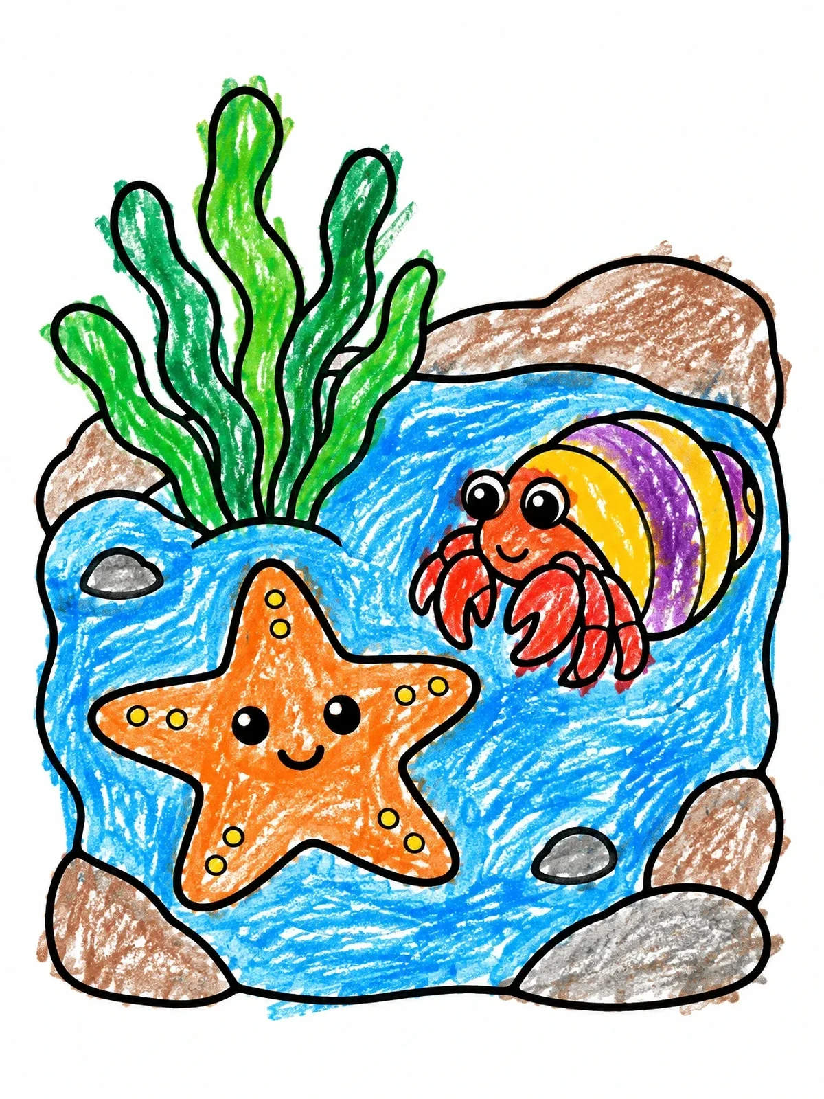 Colored example of the Tide Pool Starfish And Hermit Crab coloring page