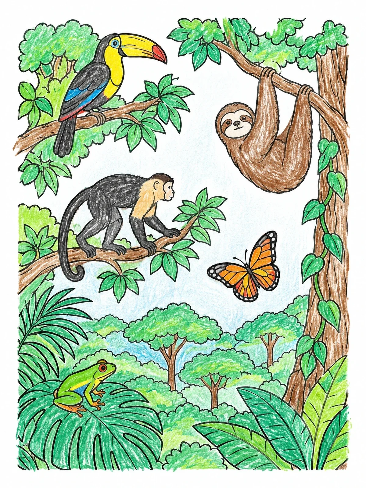 Colored example of the Tropical Rainforest Canopy Animals coloring page