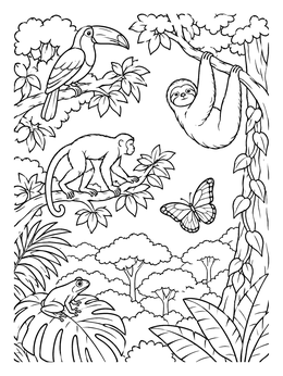 A lively rainforest ecosystem coloring page with a toucan, monkey, sloth, and frog among the trees.