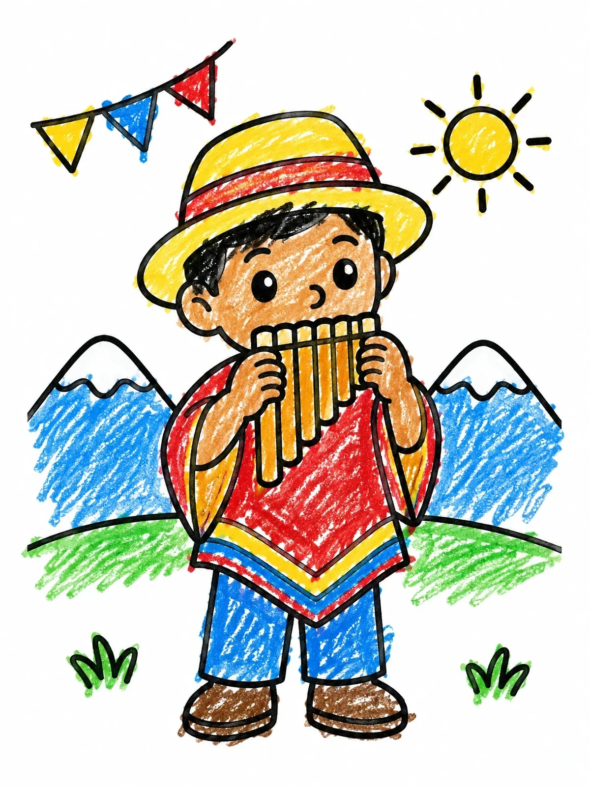 Colored example of the Boy Playing Andean Pan Flute coloring page