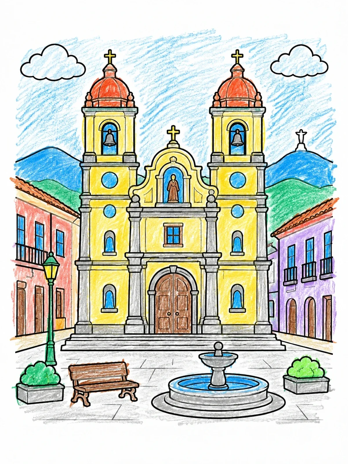 Colored example of the Colonial Church In Quito Plaza coloring page