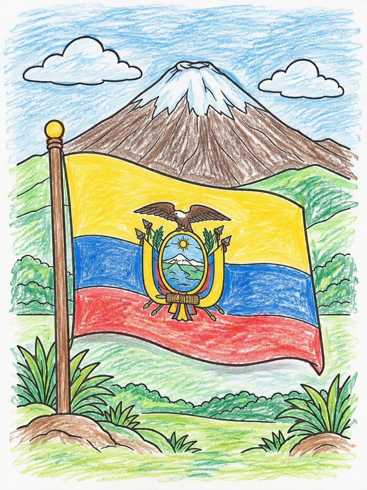 Colored example of the Flag Of Ecuador And Andean Volcano coloring page