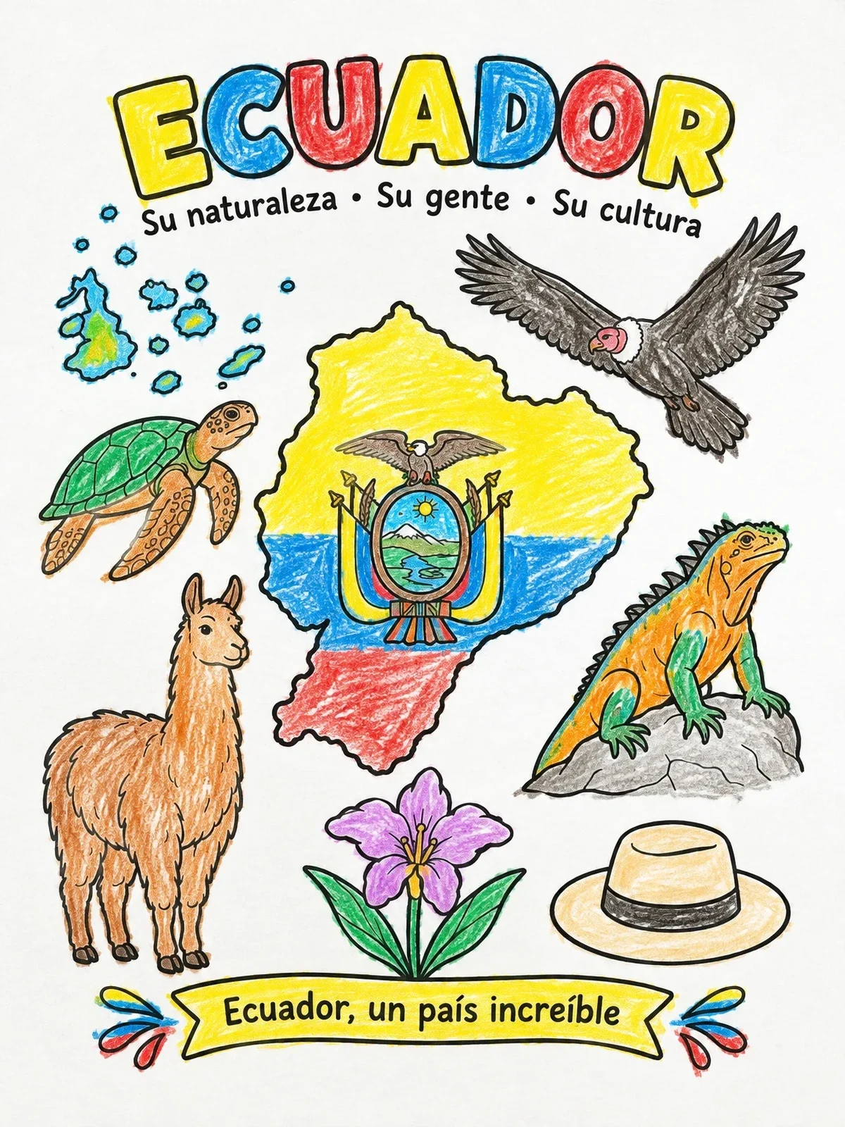 Colored example of the Ecuador Map And Wildlife Explorer coloring page