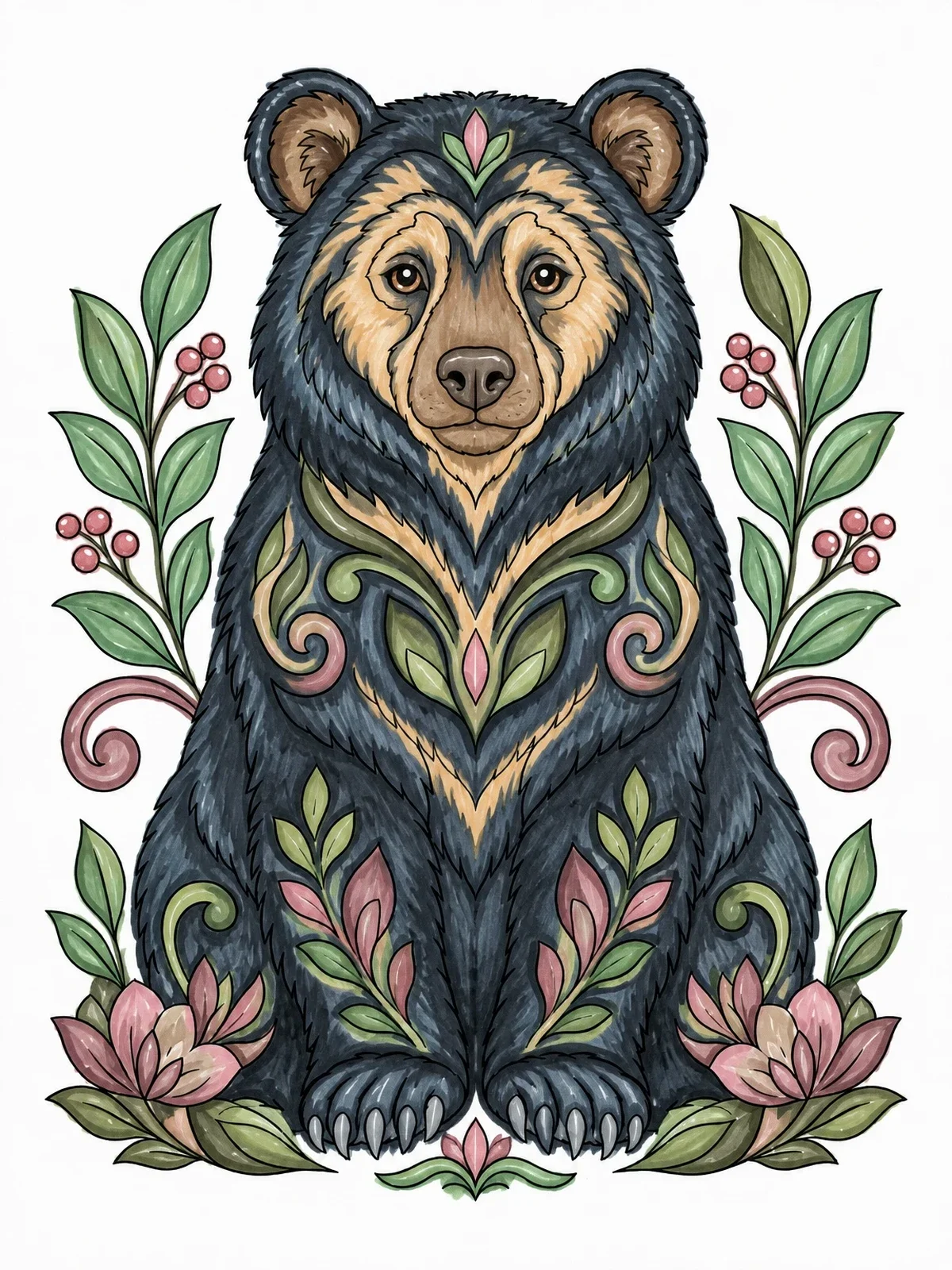 Colored example of the Spectacled Bear With Botanical Patterns coloring page