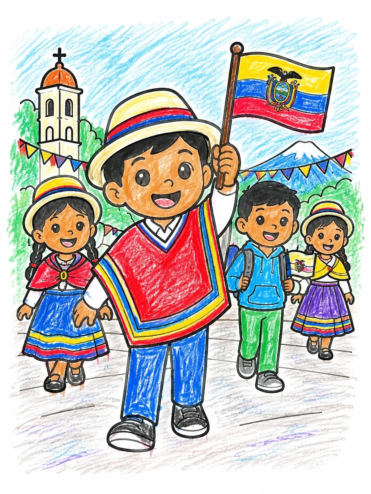 Colored example of the Children Celebrating In An Ecuadorian Parade coloring page