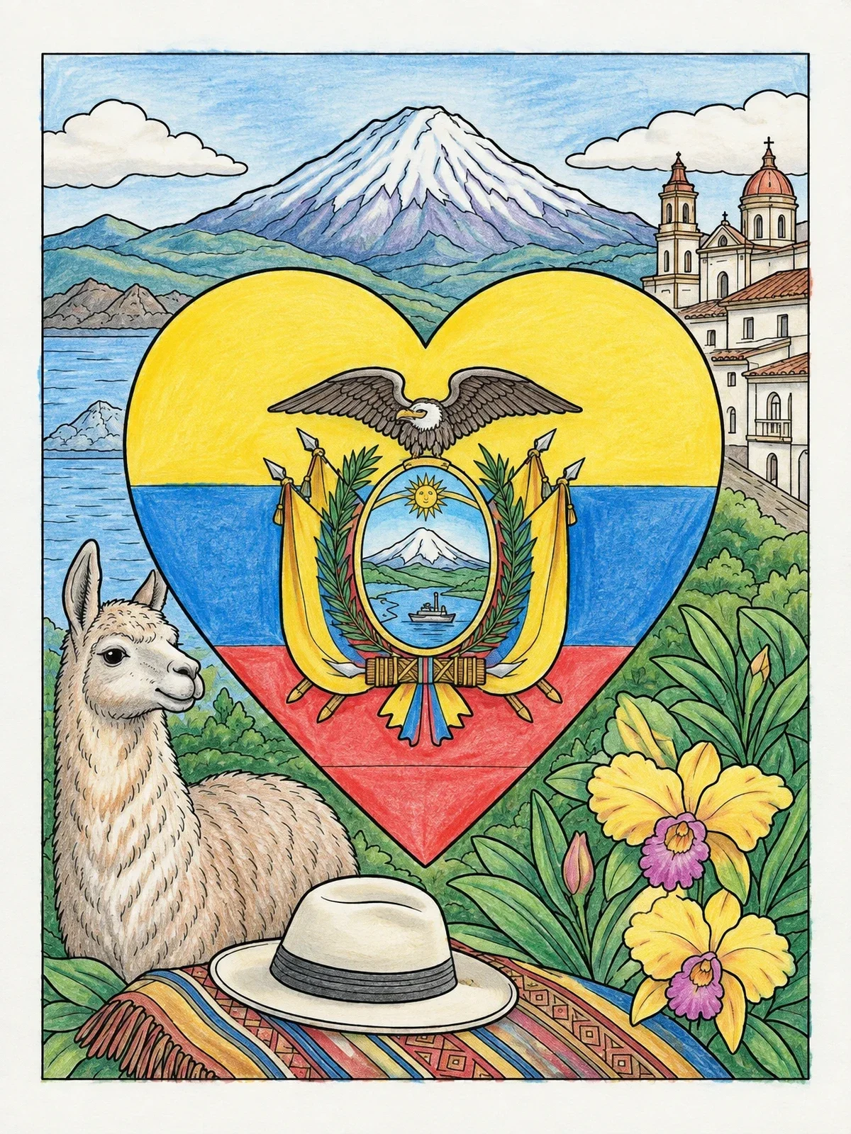 Colored example of the Ecuadorian Coat Of Arms And Landscape coloring page