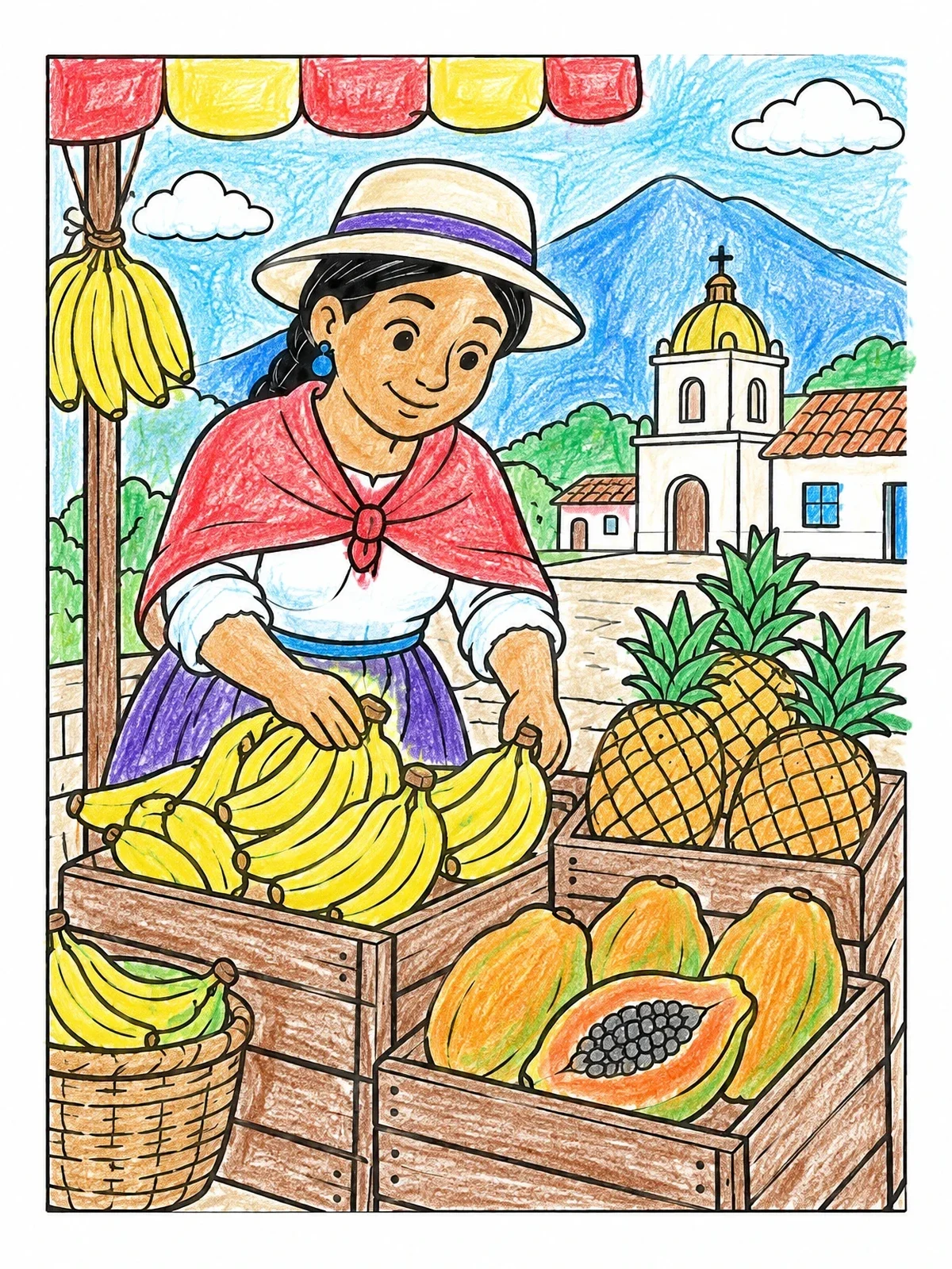 Colored example of the Ecuadorian Market Vendor With Fresh Fruit coloring page