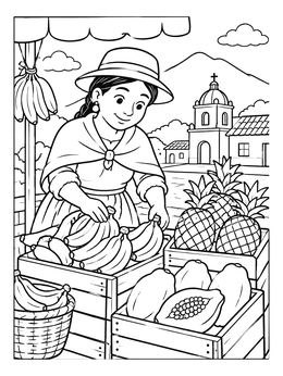 Free printable Ecuadorian Market Vendor With Fresh Fruit coloring page