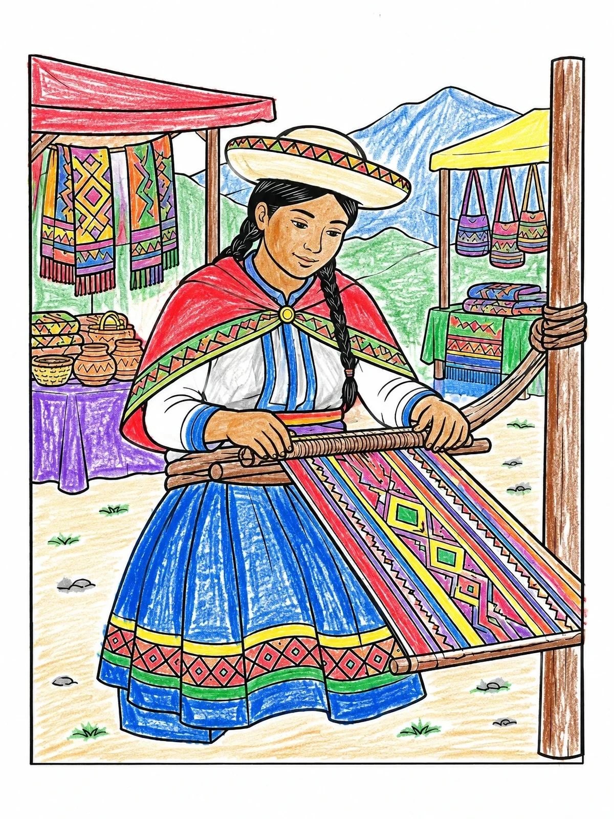Colored example of the Ecuadorian Weaver At An Andean Market coloring page