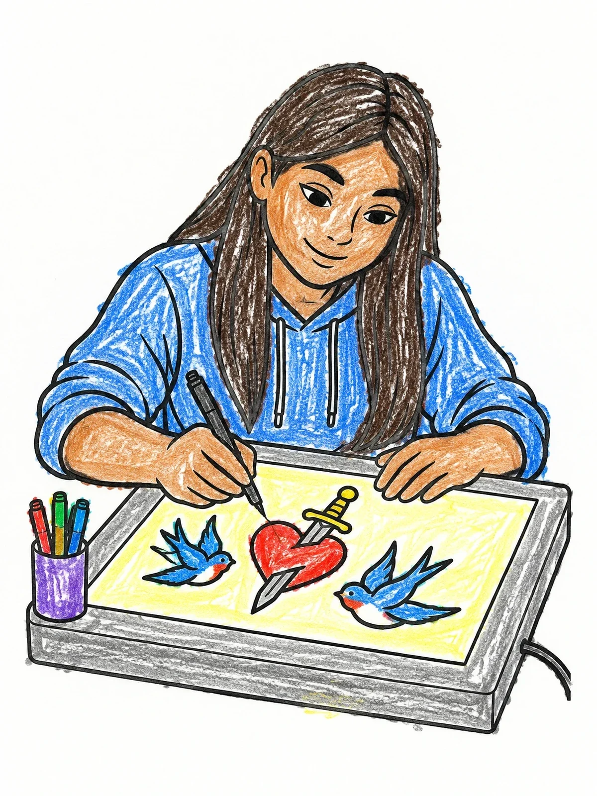 Colored example of the Artist Drawing Flash Art On Light Box coloring page