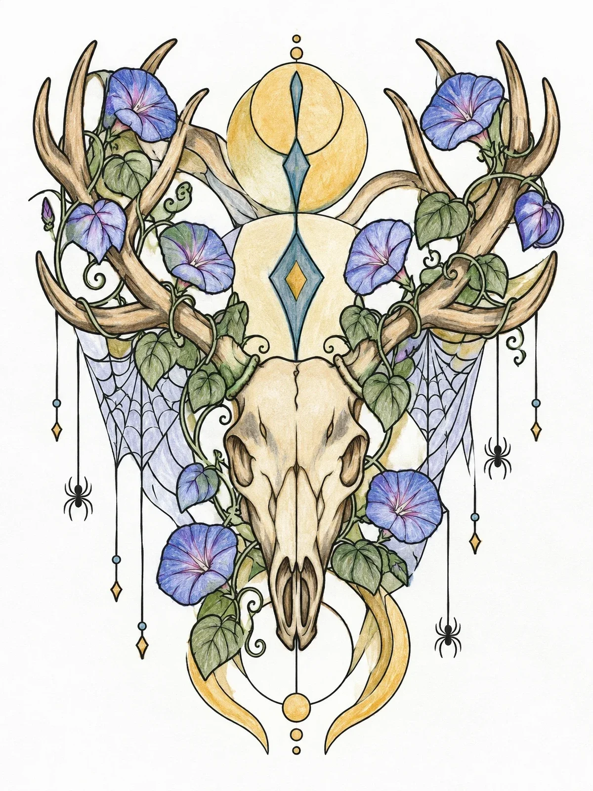 Colored example of the Botanical Deer Skull With Morning Glories coloring page