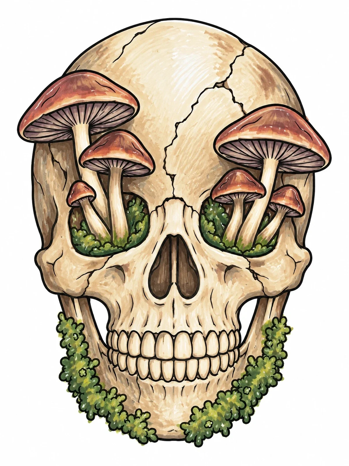 Colored example of the Botanical Skull With Sprouting Mushrooms coloring page