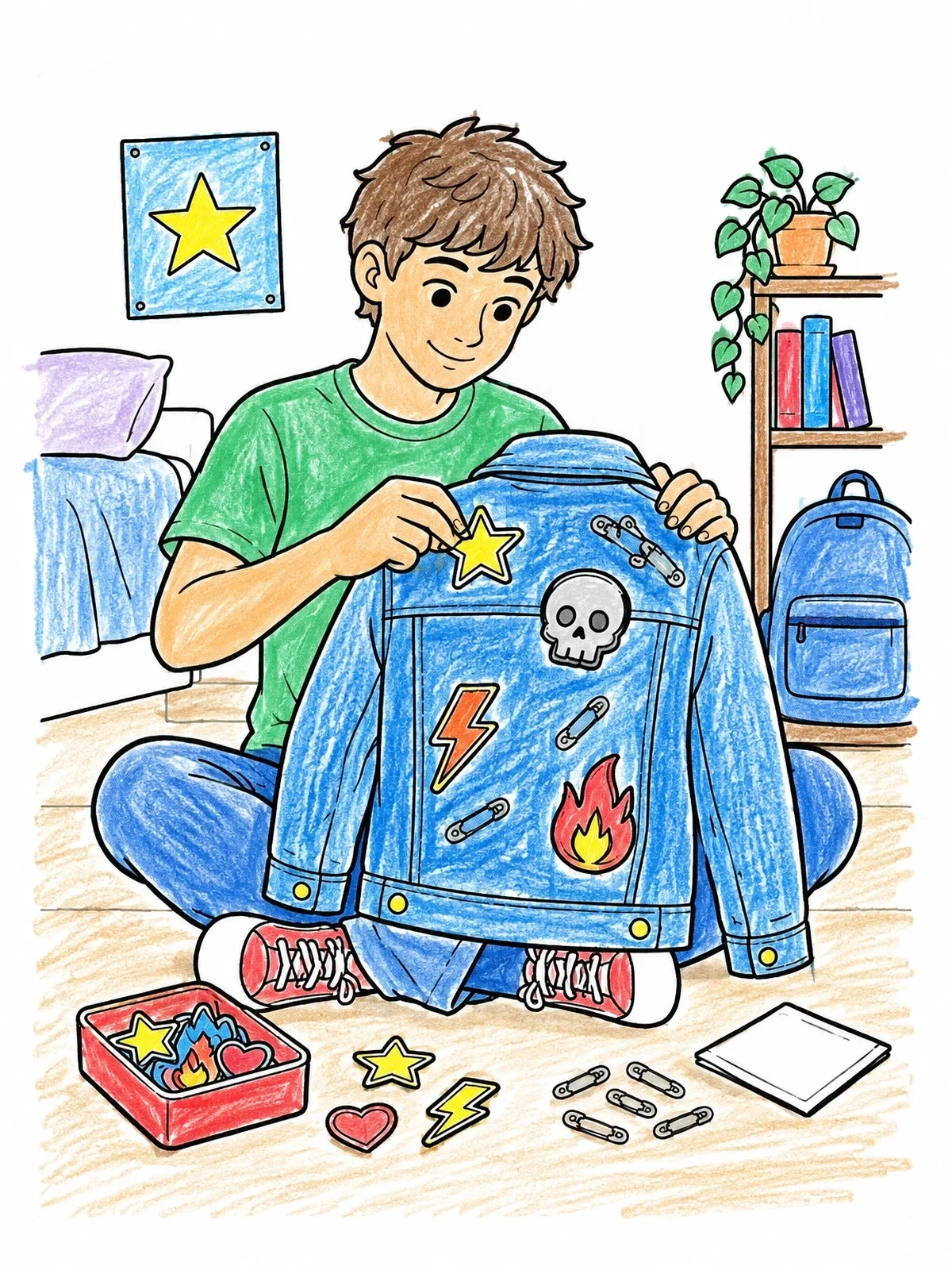 Colored example of the Boy Customizing Denim Jacket With Patches coloring page