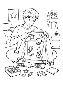 Free printable Boy Customizing Denim Jacket With Patches coloring page