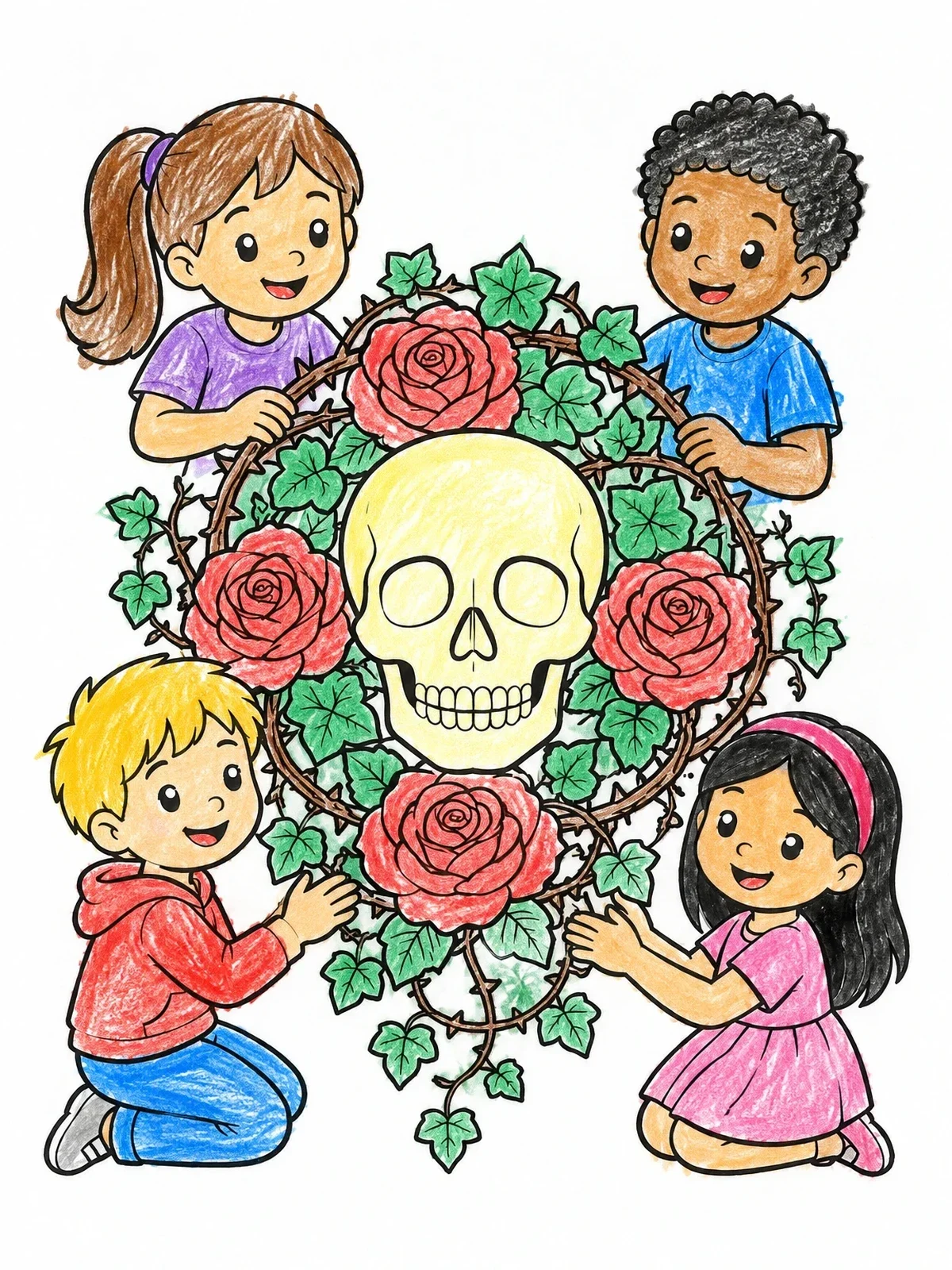 Colored example of the Children With Skull And Rose Wreath coloring page