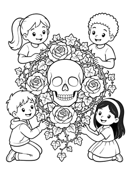 Free printable Children With Skull And Rose Wreath coloring page
