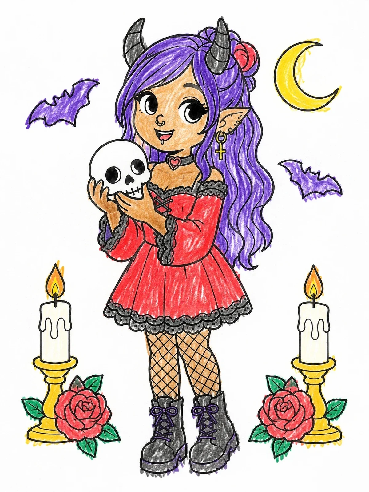 Colored example of the Cute Gothic Elf Girl With Skull coloring page