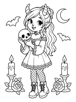 Free printable Cute Gothic Elf Girl With Skull coloring page