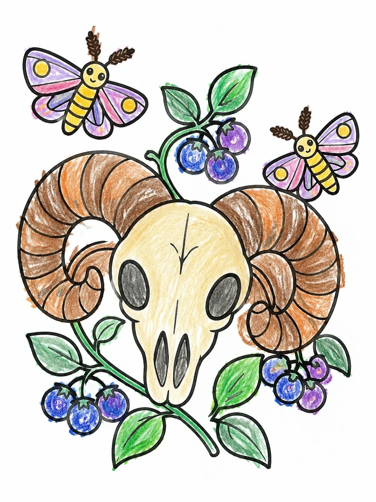 Colored example of the Cute Ram Skull And Moths coloring page