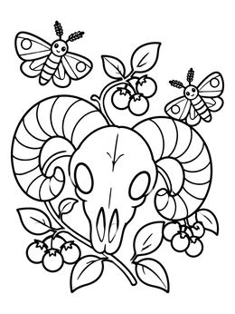 Free printable Cute Ram Skull And Moths coloring page