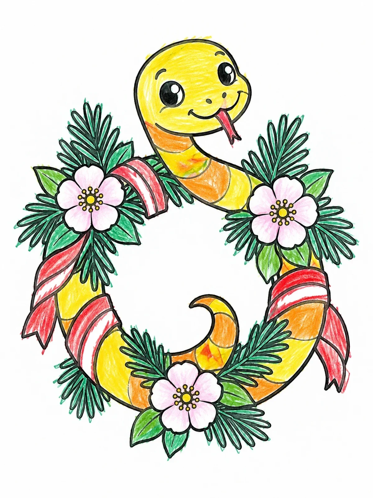 Colored example of the Cute Snake In Floral Wreath coloring page