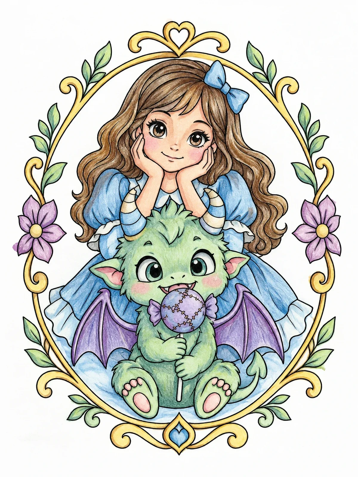 Colored example of the Cute Girl With Baby Monster Companion coloring page