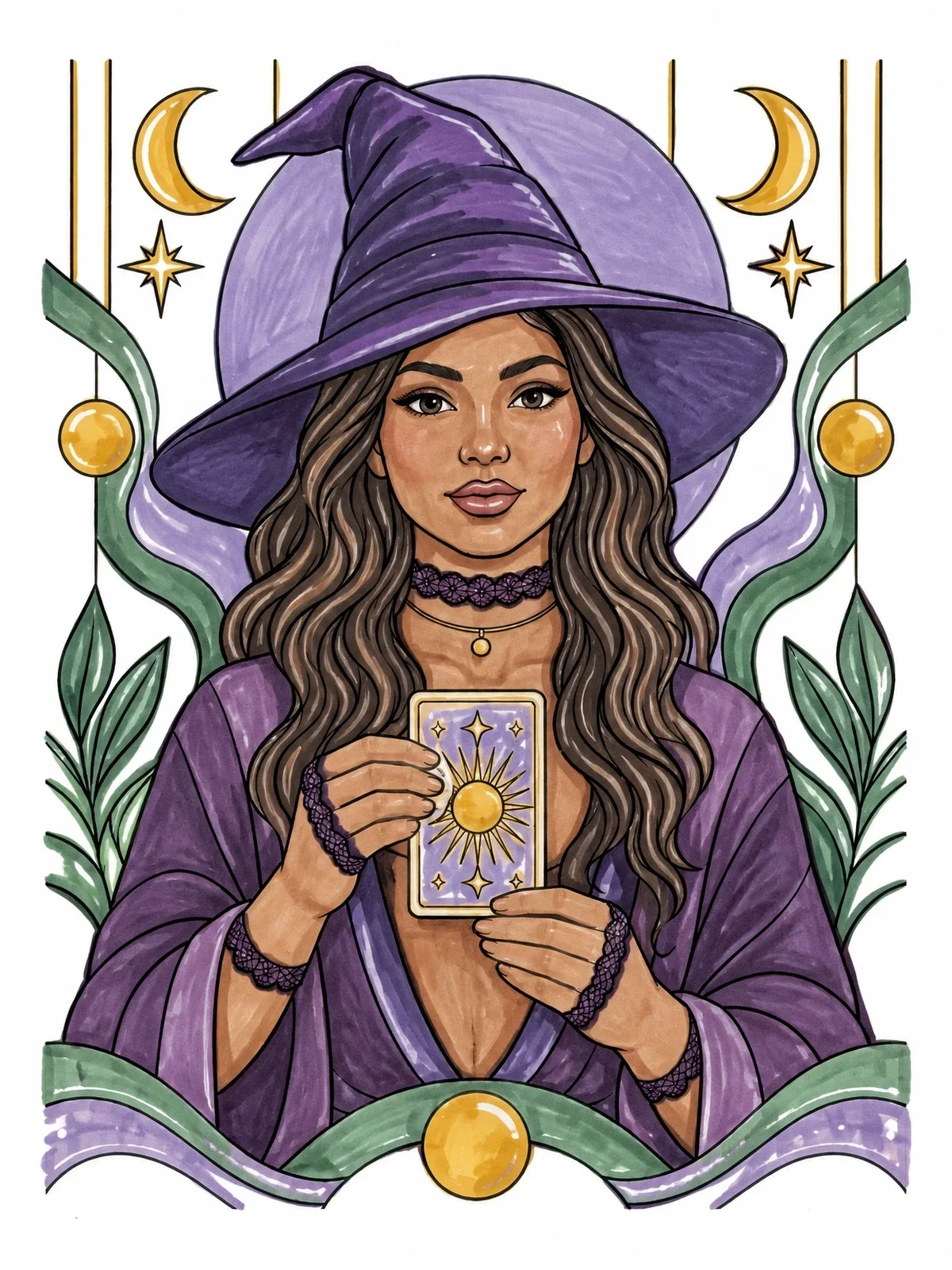 Colored example of the Mystical Witch Holding Tarot Card coloring page