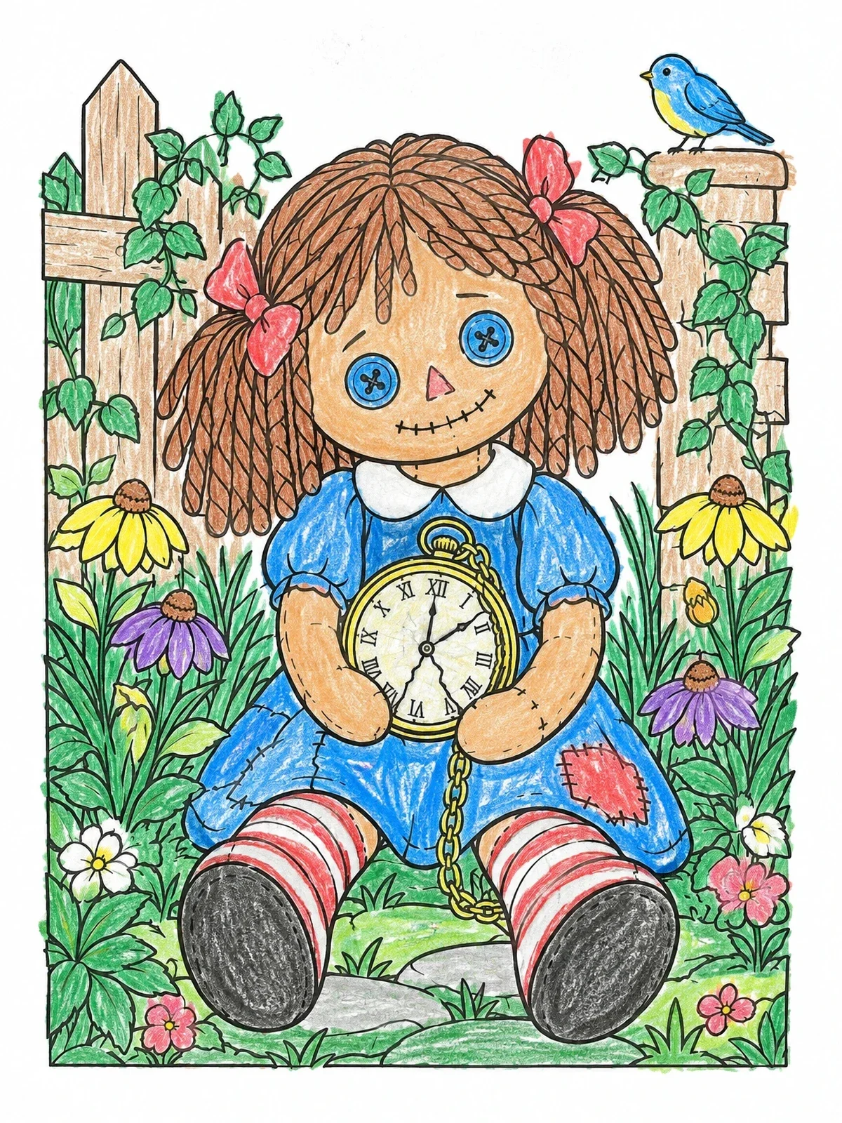 Colored example of the Patchwork Ragdoll With Garden Pocket Watch coloring page