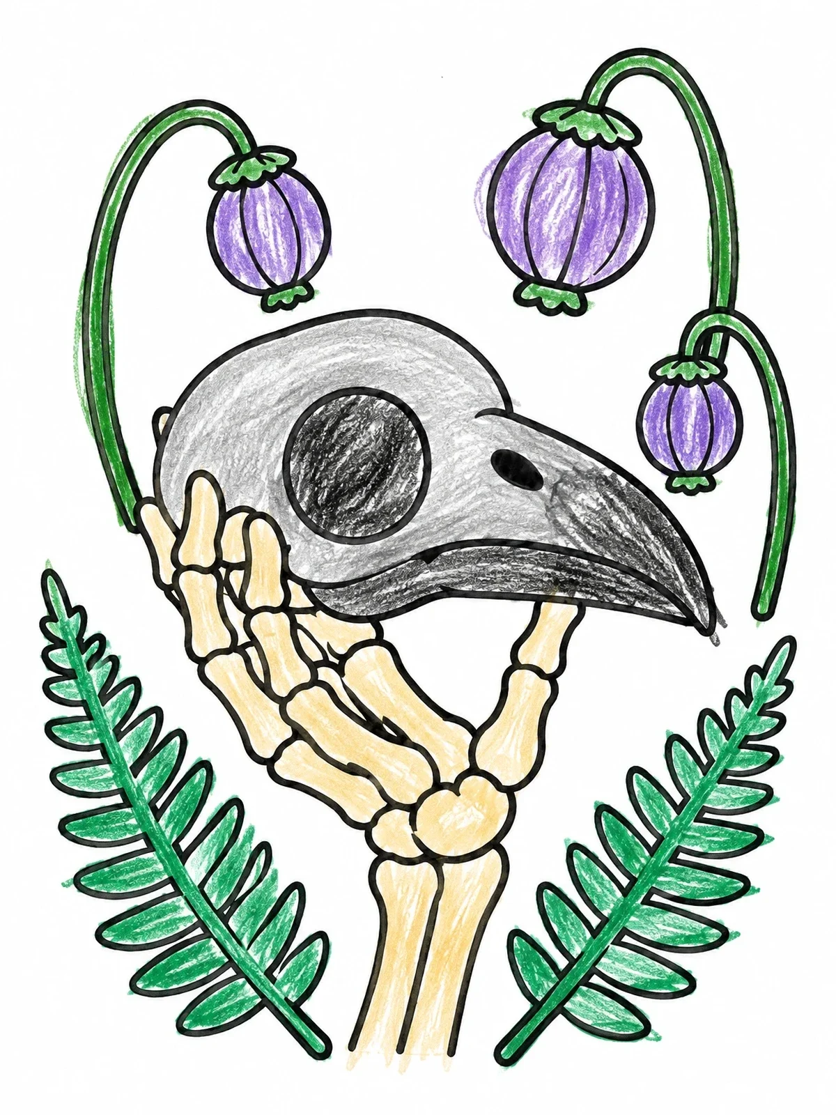 Colored example of the Raven Skull Held By Skeleton Hand coloring page