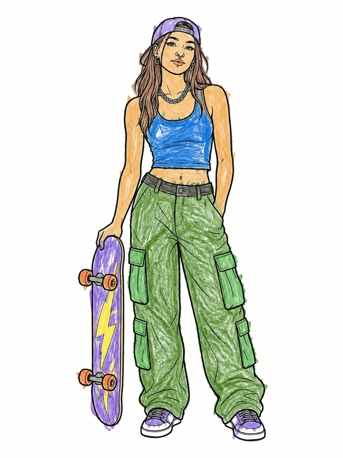 Colored example of the Cool Skater Girl With Cargo Pants coloring page