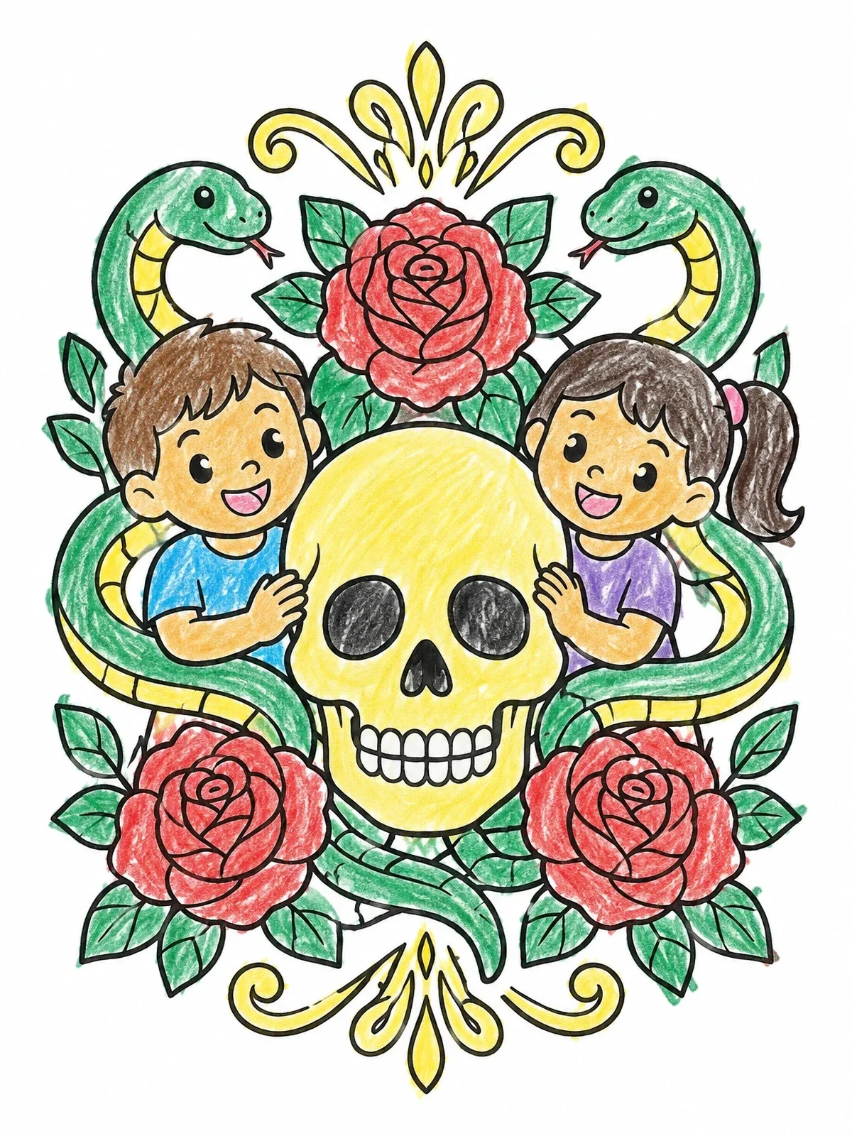 Colored example of the Skull With Kids And Roses coloring page