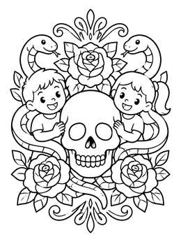 Free printable Skull With Kids And Roses coloring page