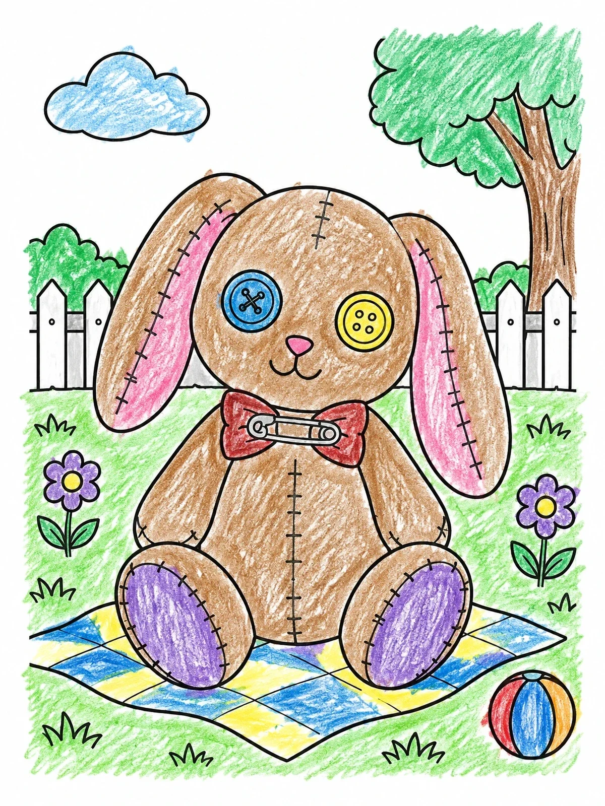 Colored example of the Stitched Plush Bunny With Button Eyes coloring page