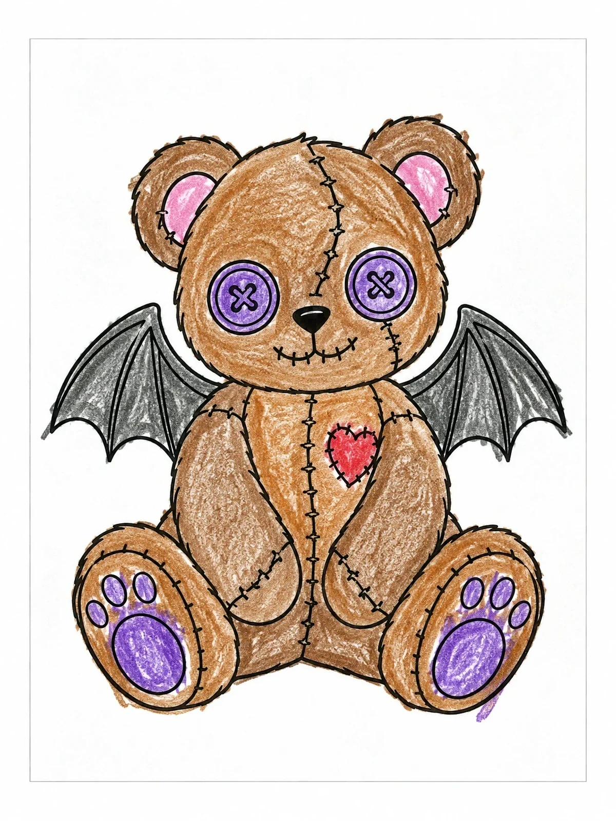 Colored example of the Stitched Teddy Bear With Bat Wings coloring page