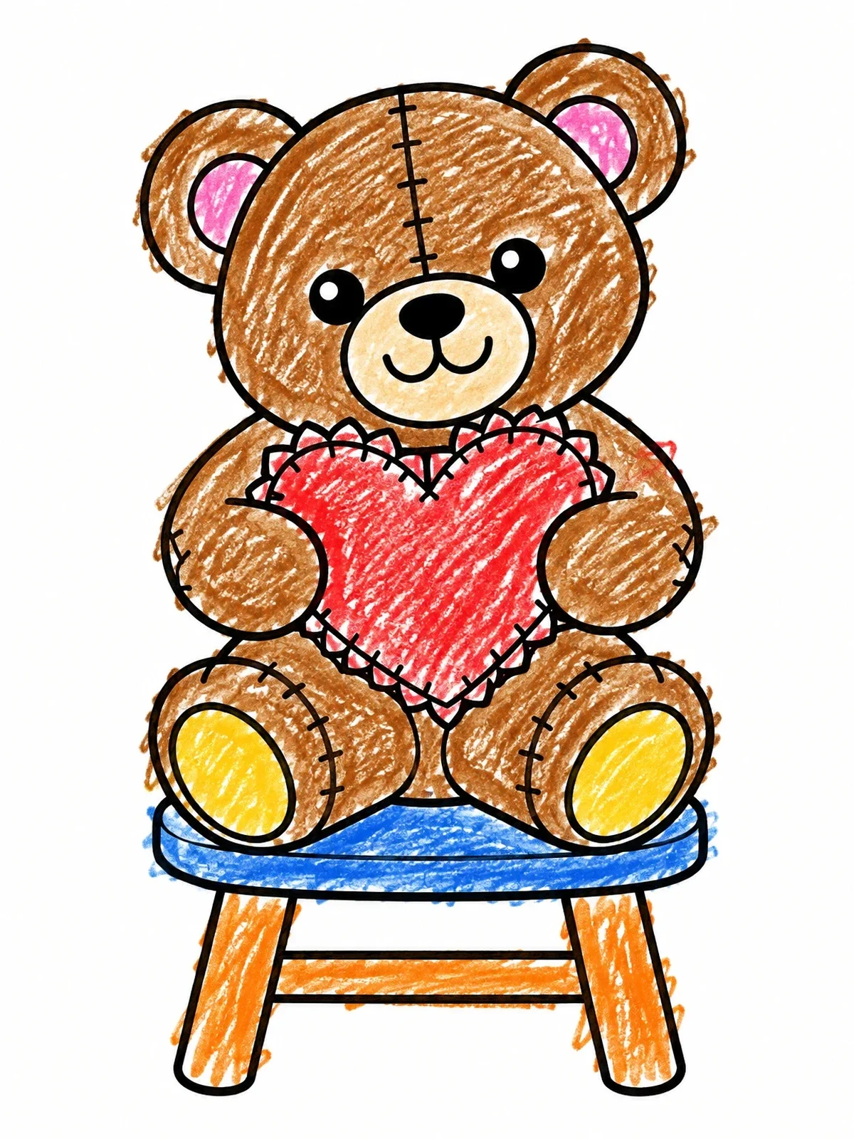 Colored example of the Stitched Teddy Bear With Heart coloring page
