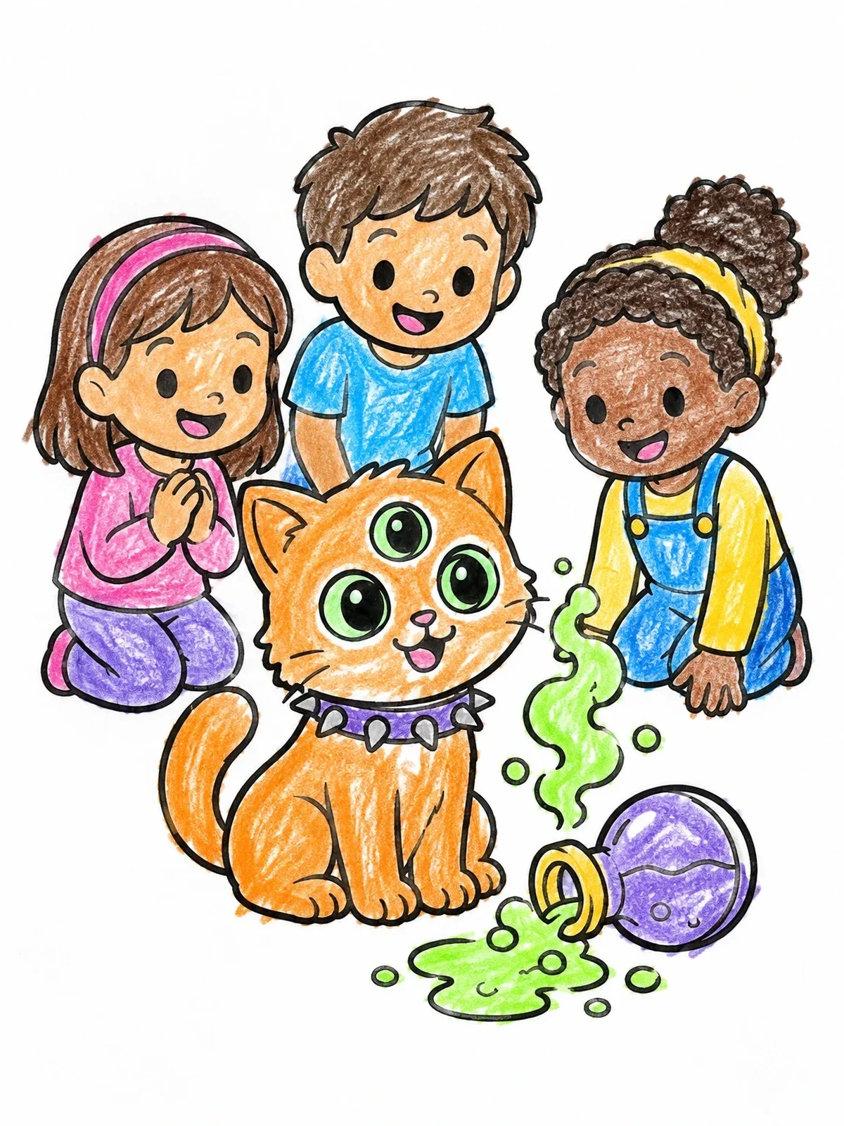 Colored example of the Three Eyed Kitten And Curious Children coloring page