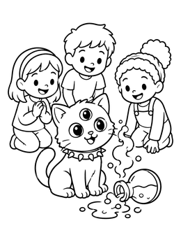 Free printable Three Eyed Kitten And Curious Children coloring page