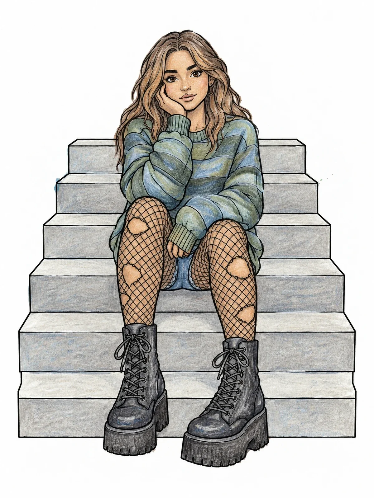 Colored example of the Trendy Girl In Combat Boots coloring page