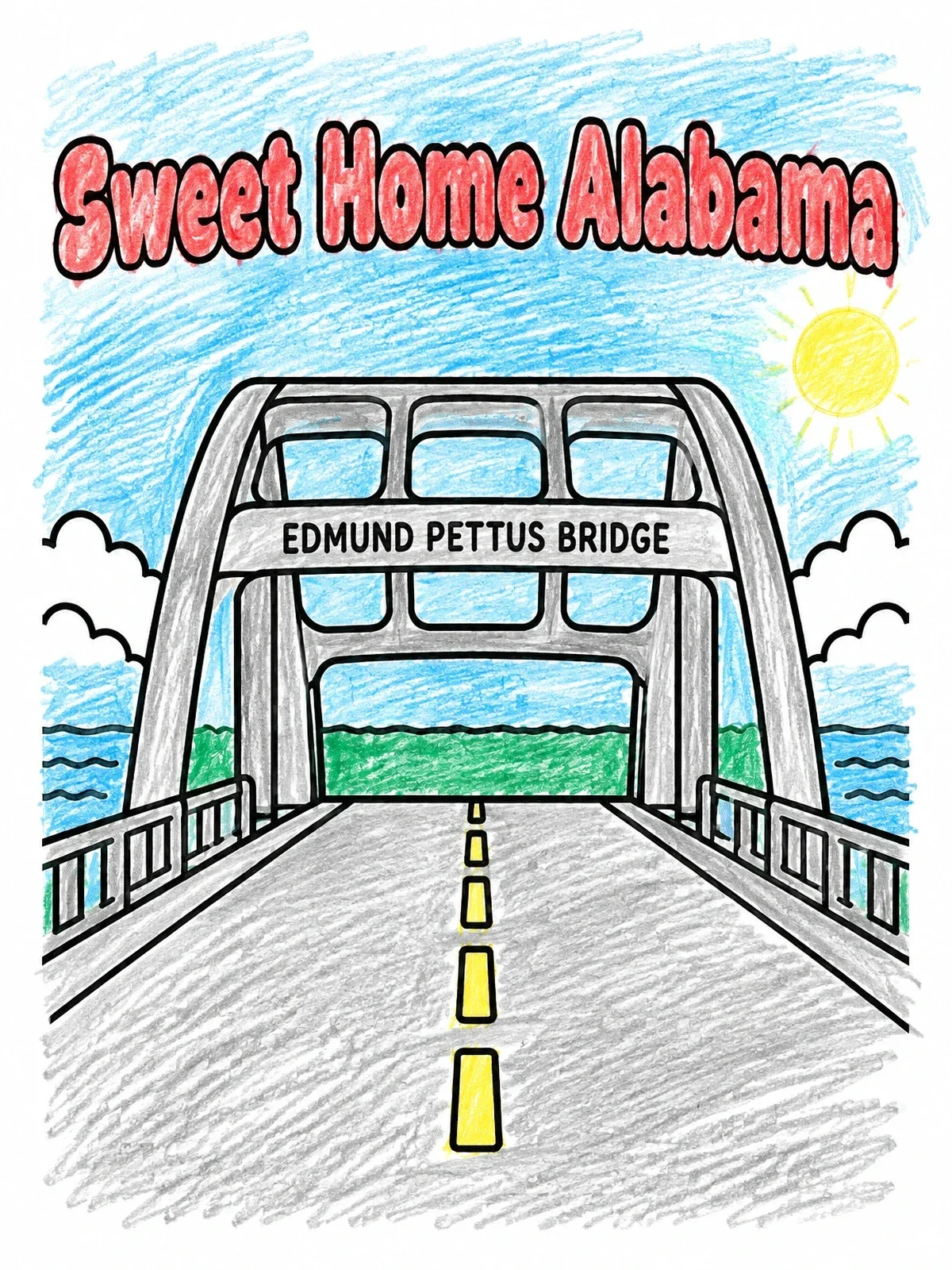 Colored example of the Edmund Pettus Bridge In Alabama coloring page