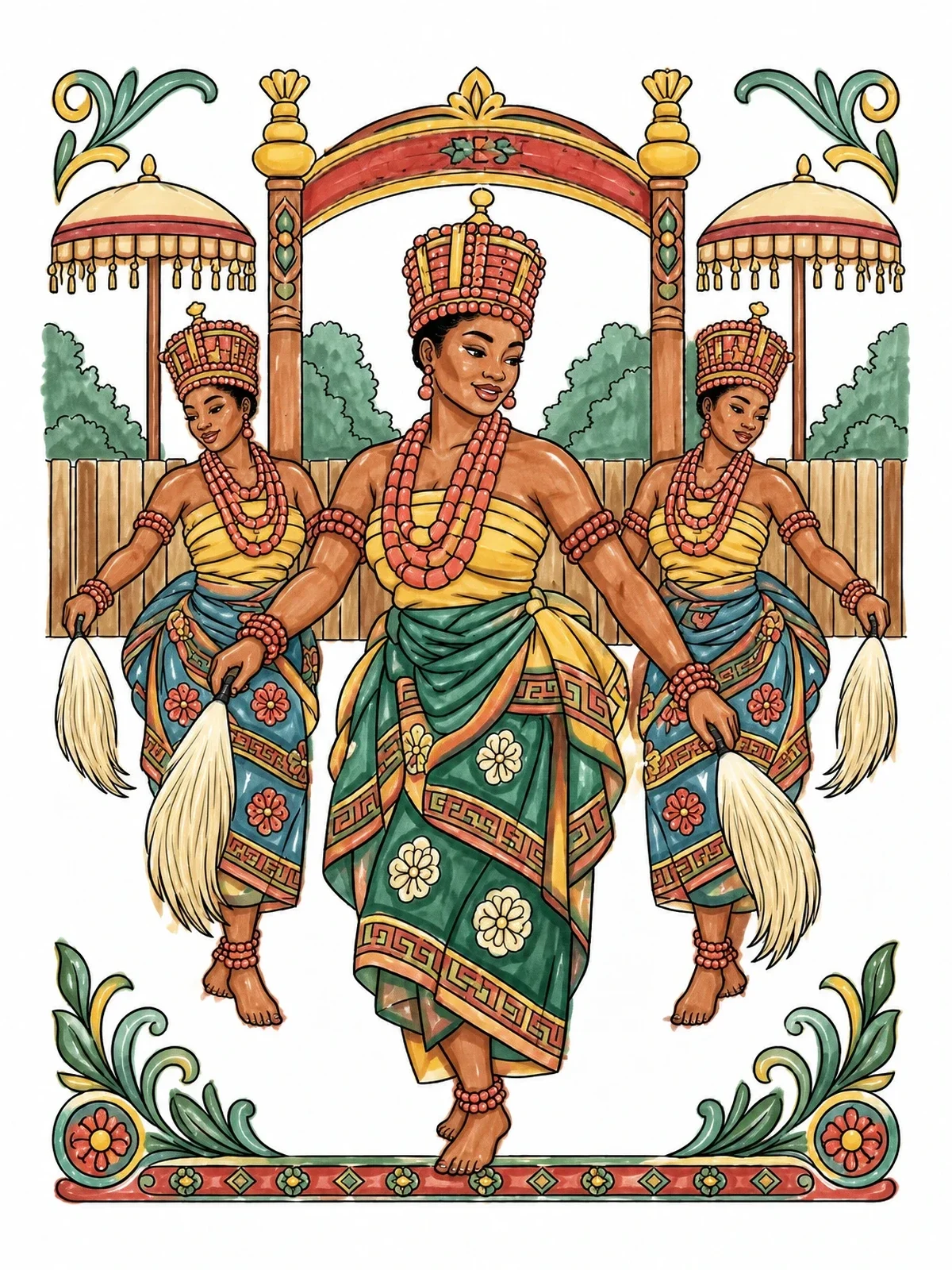 Colored example of the Edo Dancers At Igue Festival coloring page