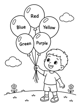 Free printable Boy Holding Colorful Learning Balloons coloring page