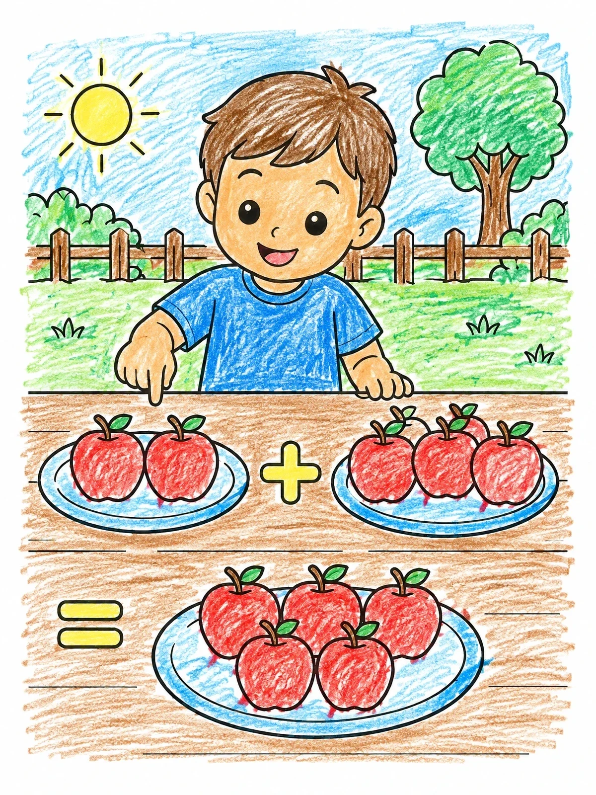 Colored example of the Little Boy Learning Apple Addition coloring page