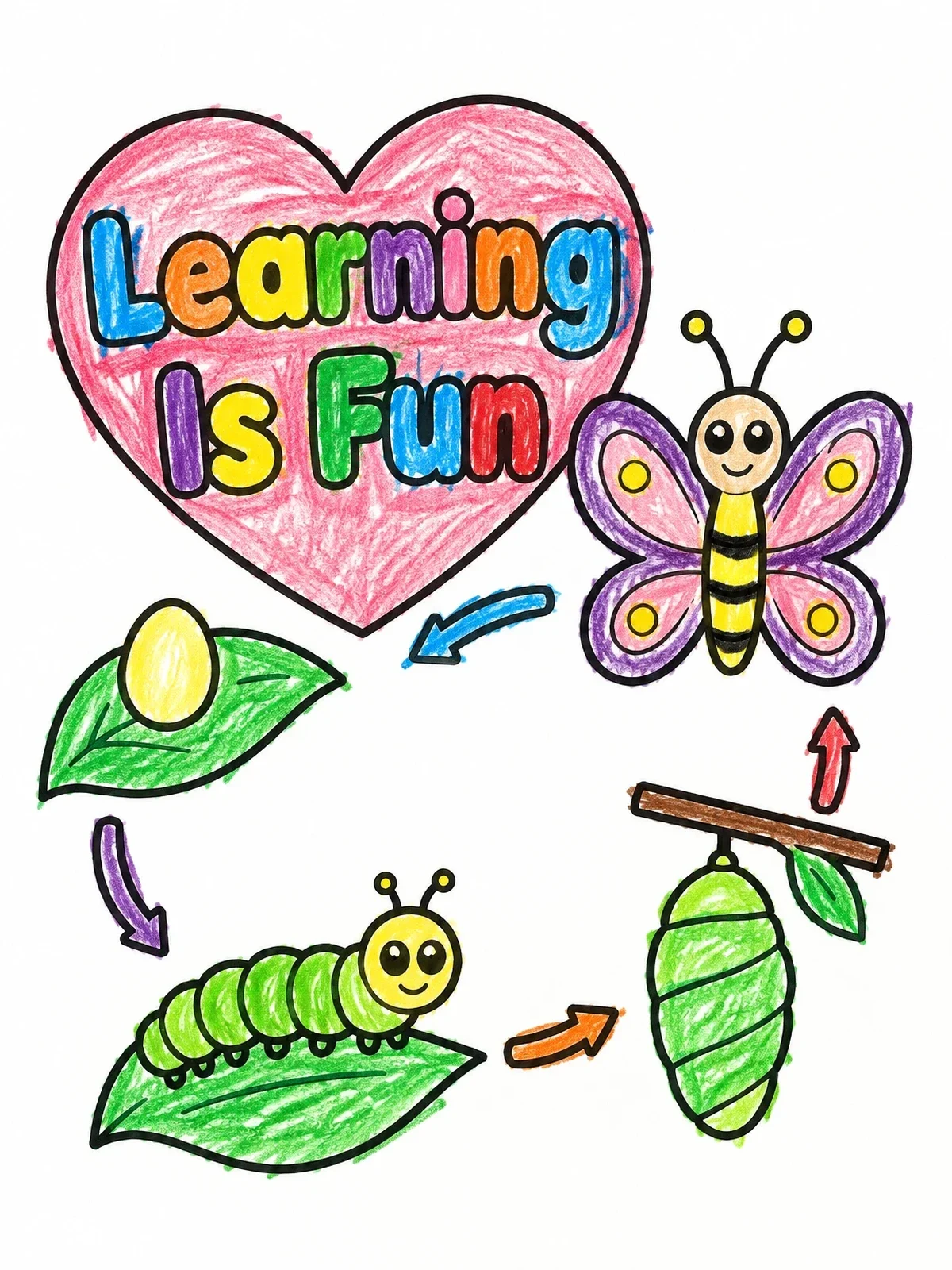 Colored example of the Butterfly Life Cycle For Kids coloring page