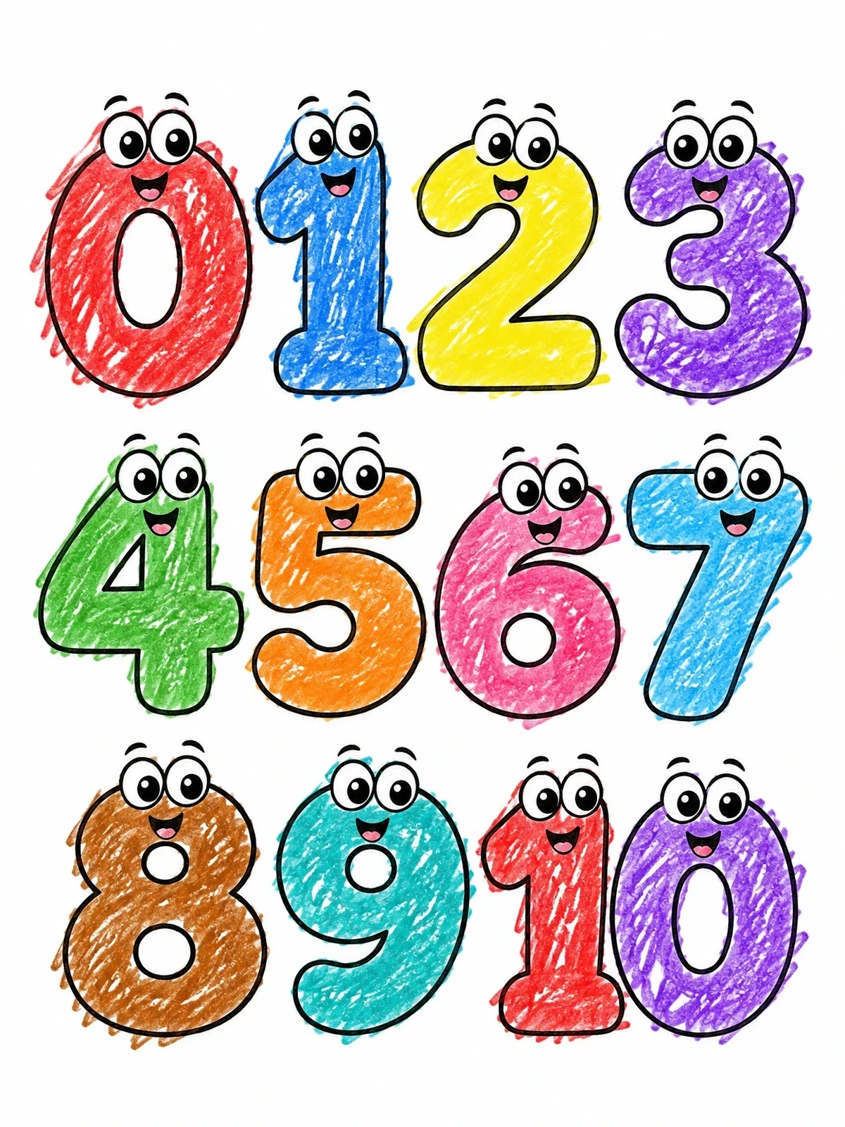 Colored example of the Cute Cartoon Numbers Zero Through Ten coloring page