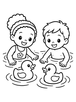 Free printable Children Playing With Rubber Ducks coloring page
