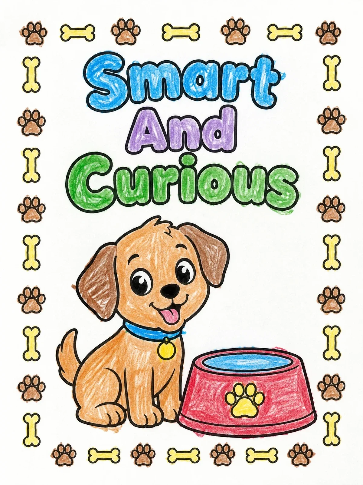 Colored example of the Cute Puppy With Food Bowl coloring page