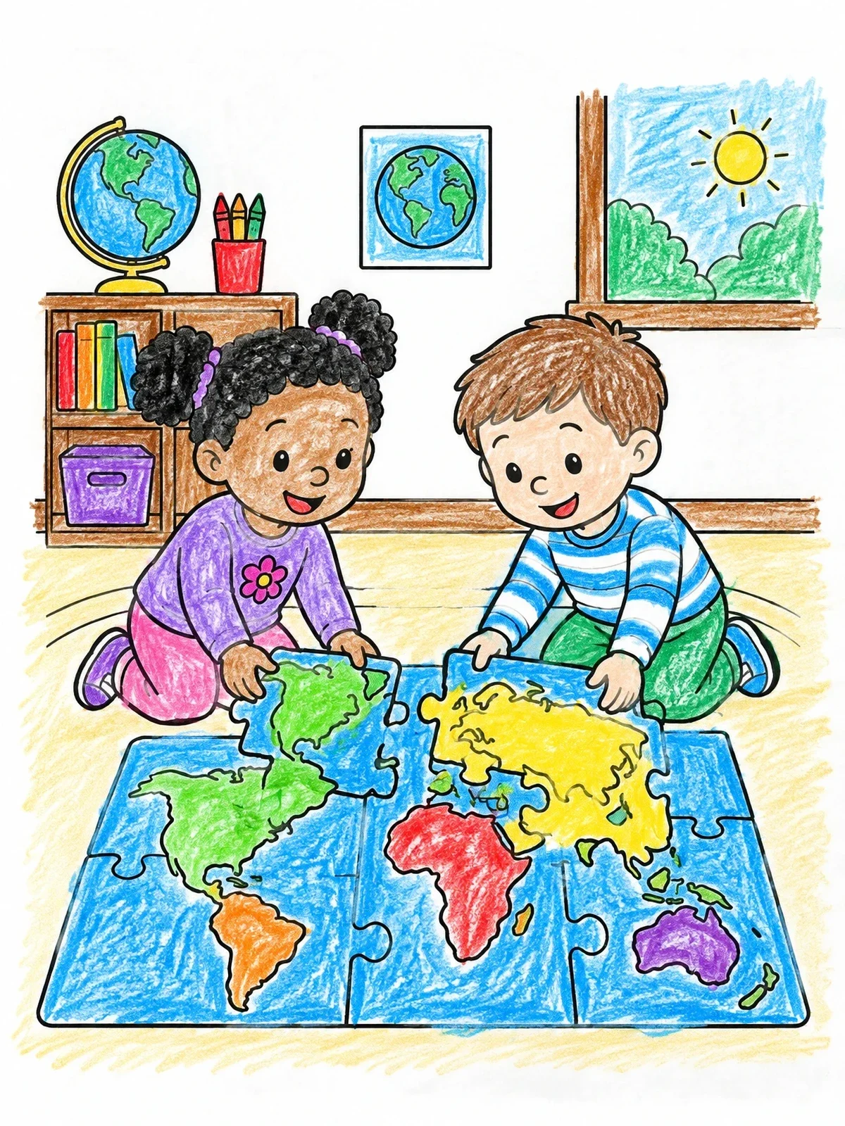 Colored example of the Kids Solving A World Map Floor Puzzle coloring page