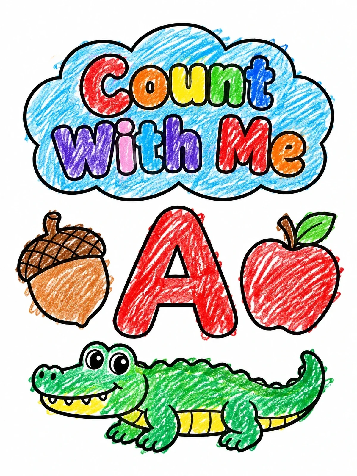 Colored example of the Letter A With Alligator And Apple coloring page